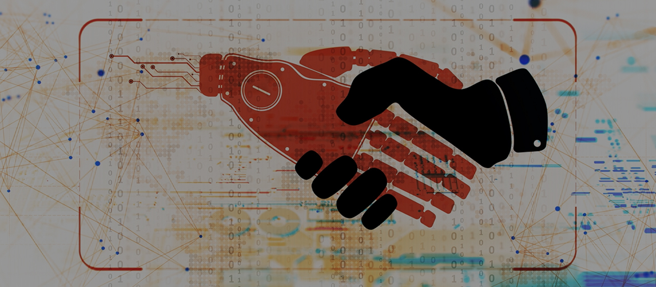 An illustration of a robot hand shaking a human hand